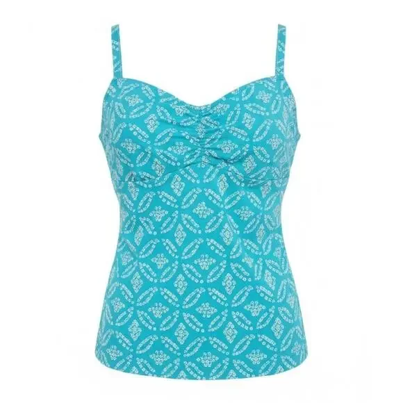 Lands’ End Teal Blue Geometric Tankini Top Swim 6 DD Pool Party Summer Modest - Picture 1 of 7